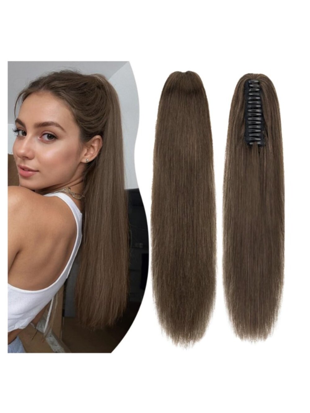 18" Chocolate Brown Real Human Hair‎ Claw Clip Extension, Brunette Ponytail